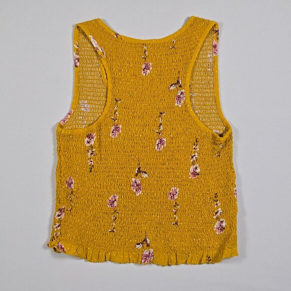 Japna Yellow Smocked Floral Crop Top Size L Square Neck Ruffle Hem Boho Stretchy - Picture 12 of 12